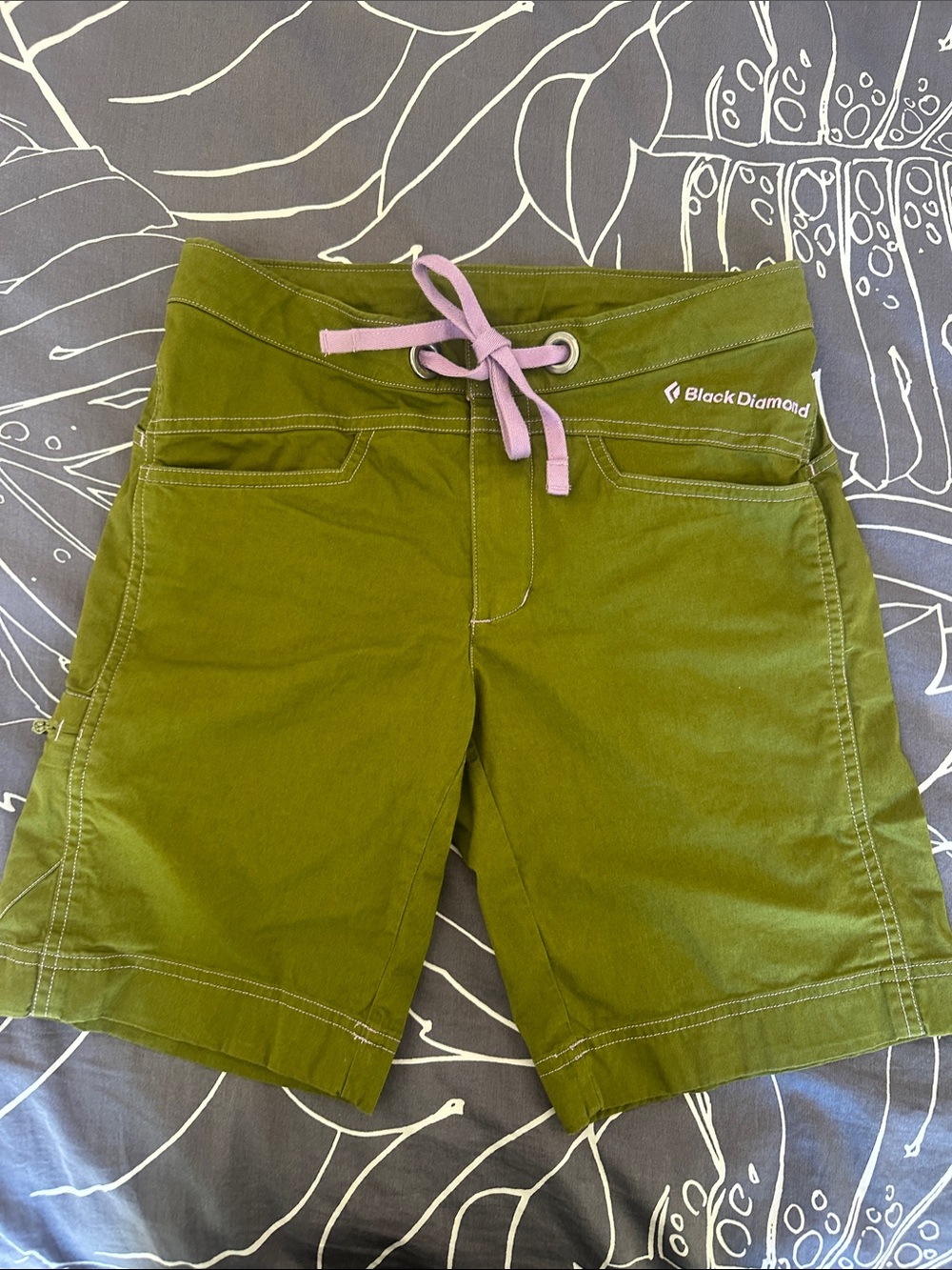 Black Diamond Olive Green Climbing Shorts with Lavender Drawcord